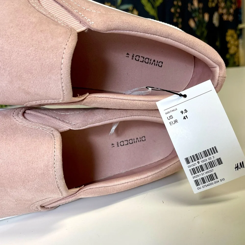 H&M Womens Faux Suede Slip On Sneakers 9.5 Pink Flats NWT
